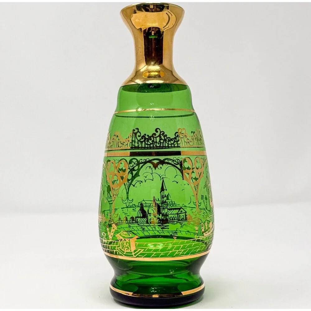 Vintage Bohemian Green Glass Vase Gold Enamel Courting Scene Czech